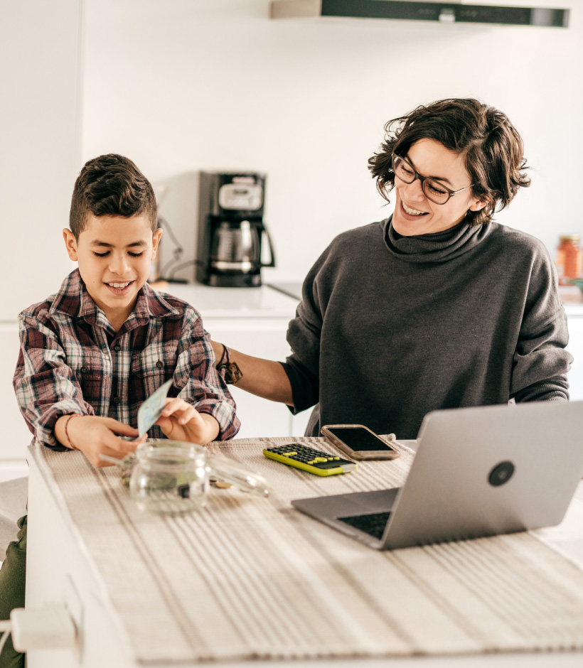 mother and son counting money